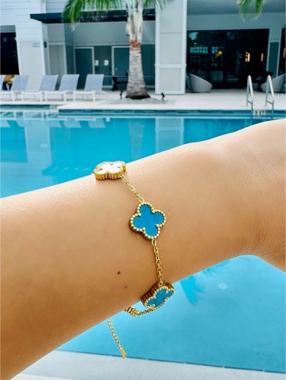 Gold-Plated Blue Clover Link Bracelet